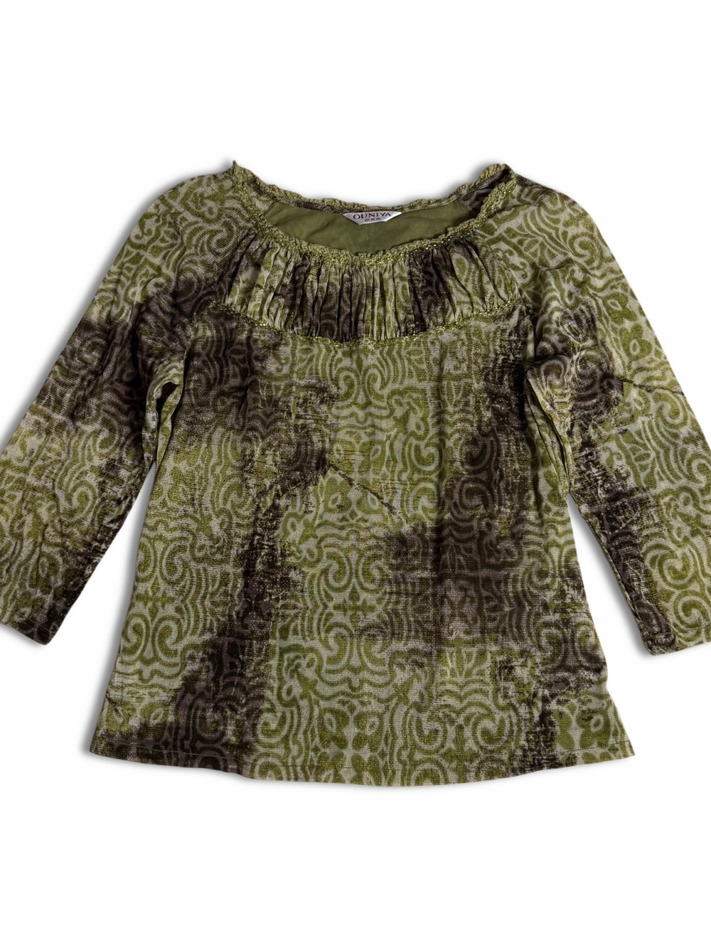 OUNIYA Chinese Fashion Green & Brown Pattern Beaded Ruffle Neck Mesh Blouse